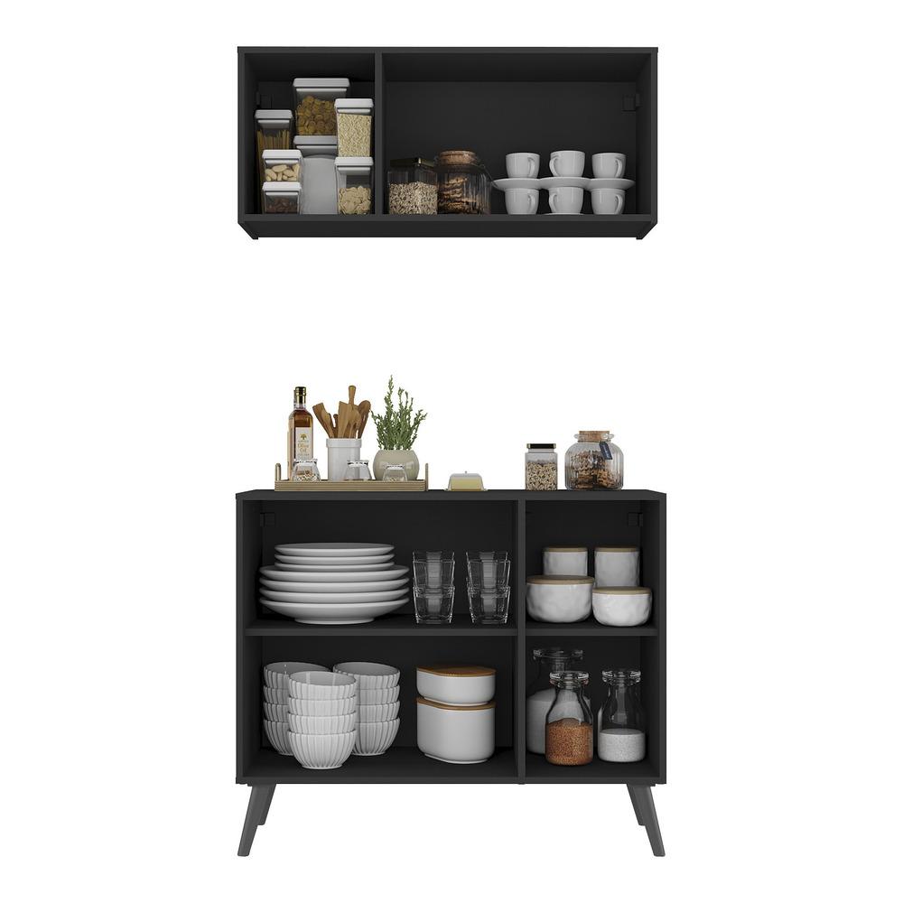 Kit Armário de Cozinha Aéreo e Balcão 3 Portas Retrô Multimóveis MP2168 Preto