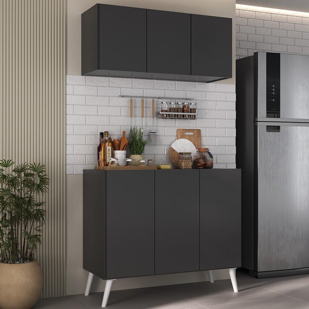 Kit Armário de Cozinha Aéreo e Balcão 3 Portas Retrô Multimóveis MP2168 Preto/Branco