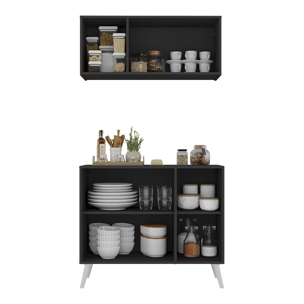 Kit Armário de Cozinha Aéreo e Balcão 3 Portas Retrô Multimóveis MP2168 Preto/Branco