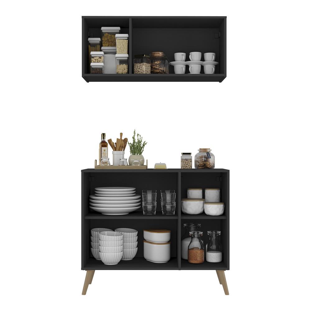 Kit Armário de Cozinha Aéreo e Balcão 3 Portas Retrô Multimóveis MP2168 Preto/Natural
