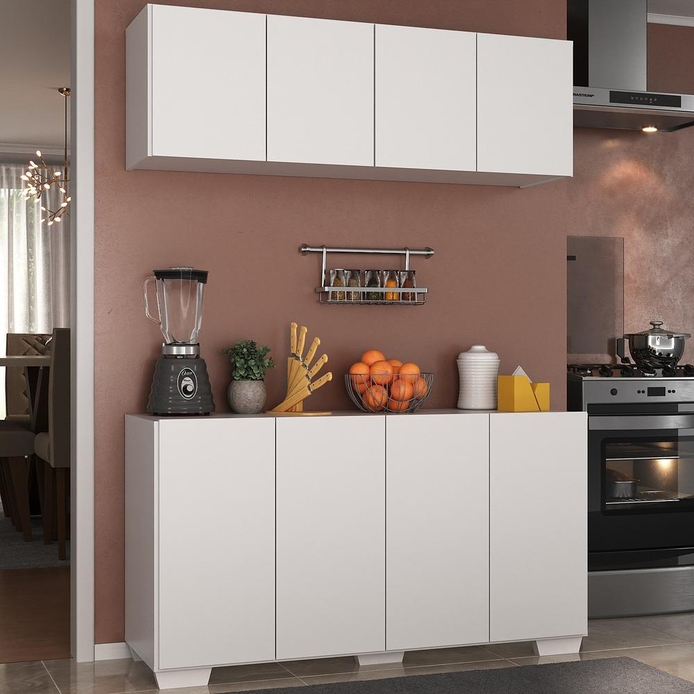 Kit Armário de Cozinha Aéreo e Balcão 4 Portas Multimóveis MP2171 Branco