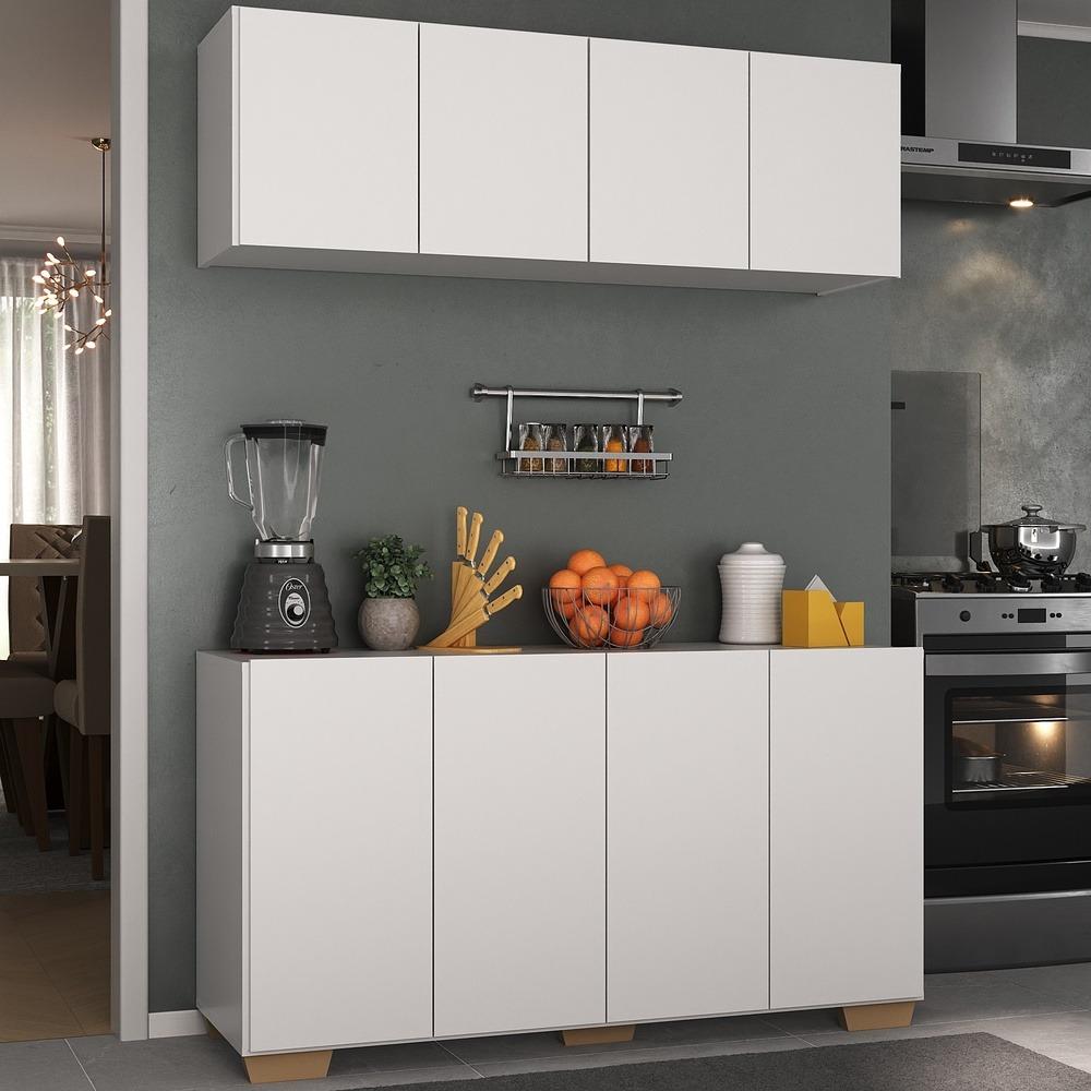 Kit Armário de Cozinha Aéreo e Balcão 4 Portas Multimóveis MP2171 Branco/Natural