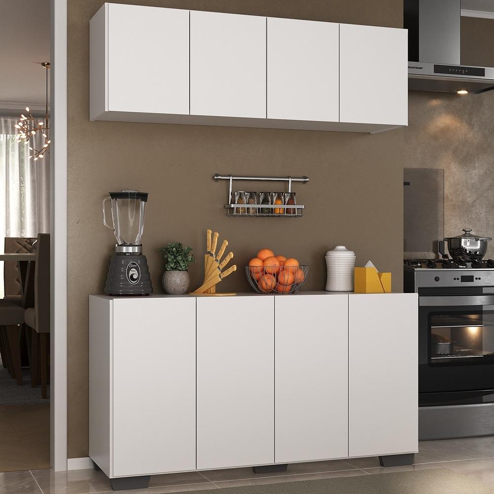 Kit Armário de Cozinha Aéreo e Balcão 4 Portas Multimóveis MP2171 Branco/Preto