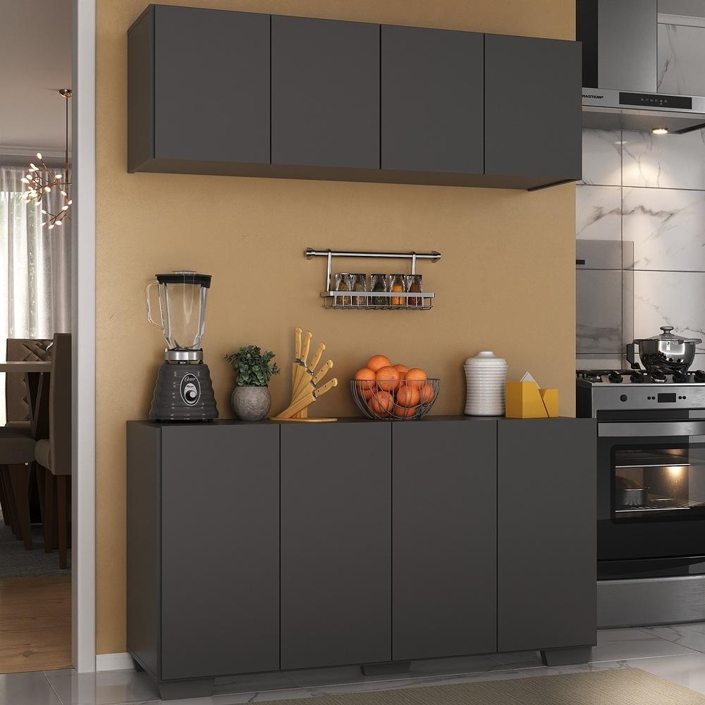 Kit Armário de Cozinha Aéreo e Balcão 4 Portas Multimóveis MP2171 Preto