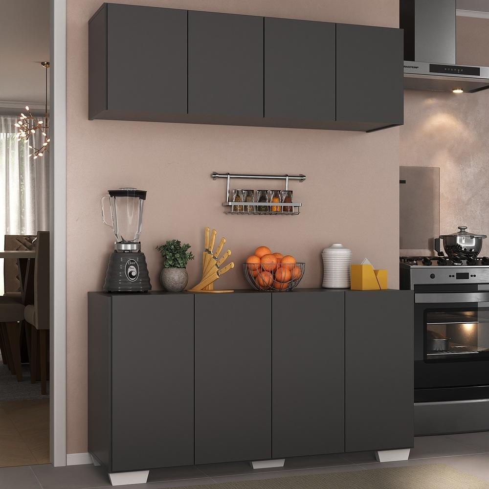 Kit Armário de Cozinha Aéreo e Balcão 4 Portas Multimóveis MP2171 Preto/Branco