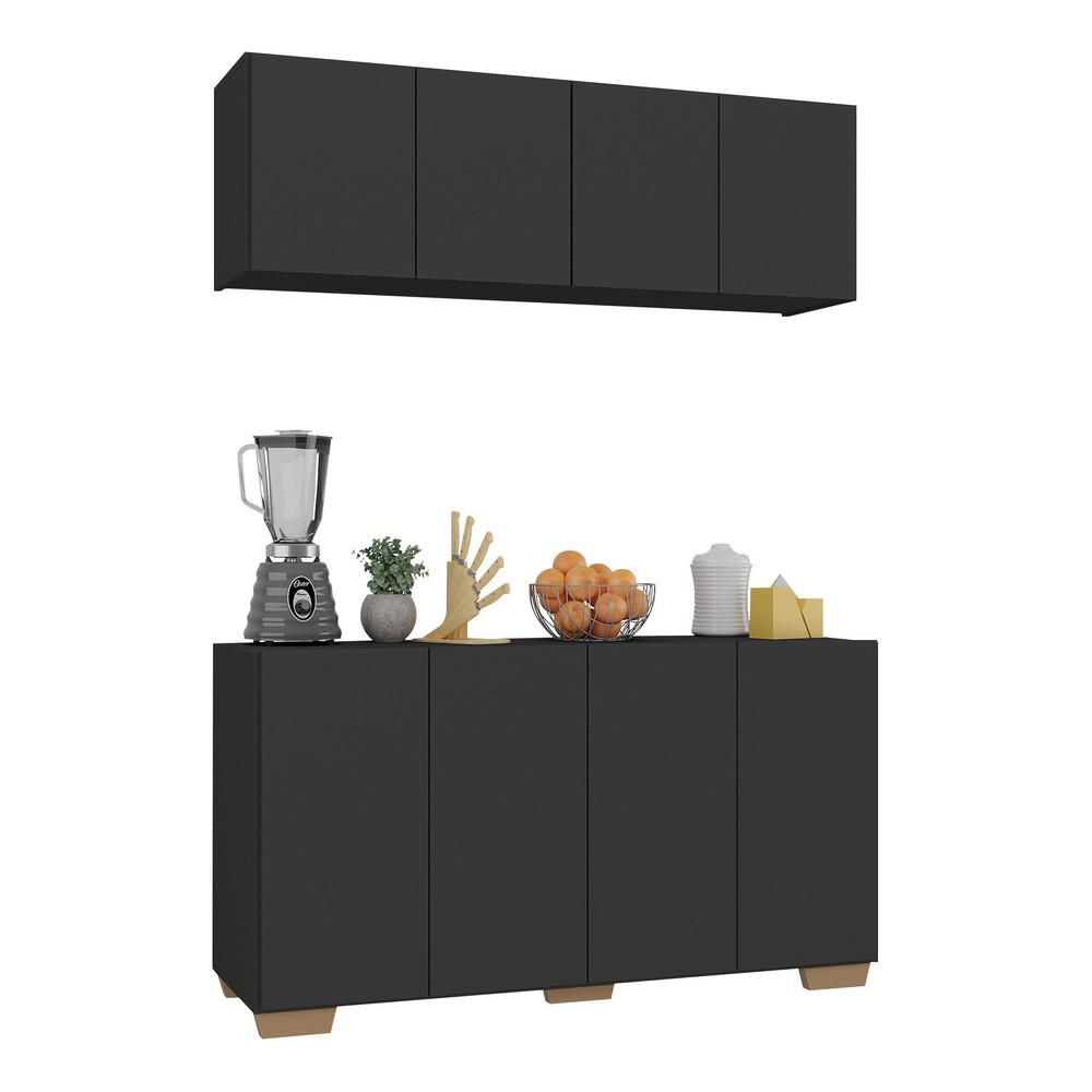 Kit Armário de Cozinha Aéreo e Balcão 4 Portas Multimóveis MP2171 Preto/Natural