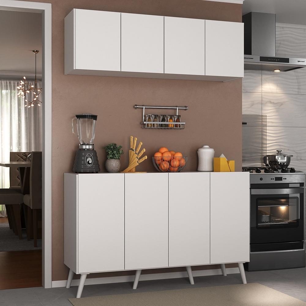 Kit Armário de Cozinha Aéreo e Balcão 4 Portas Retrô Multimóveis MP2170 Branco