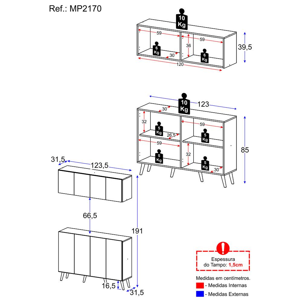 Kit Armário de Cozinha Aéreo e Balcão 4 Portas Retrô Multimóveis MP2170 Branco/Preto