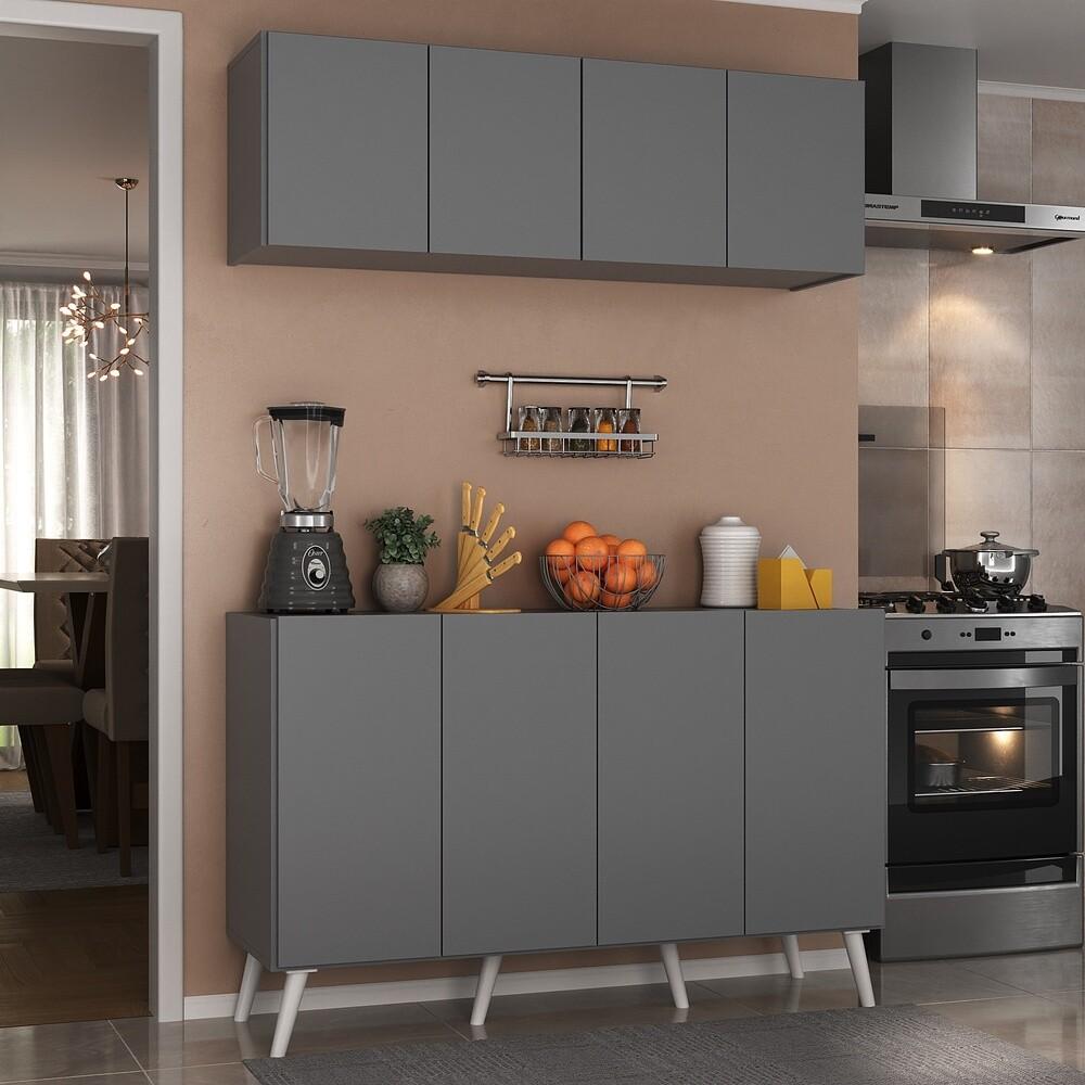 Kit Armário de Cozinha Aéreo e Balcão 4 Portas Retrô Multimóveis MP2170 Grafite/Branco