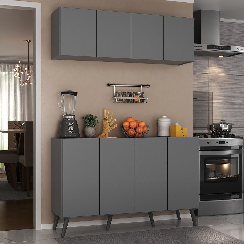 Kit Armário de Cozinha Aéreo e Balcão 4 Portas Retrô Multimóveis MP2170 Grafite/Preto