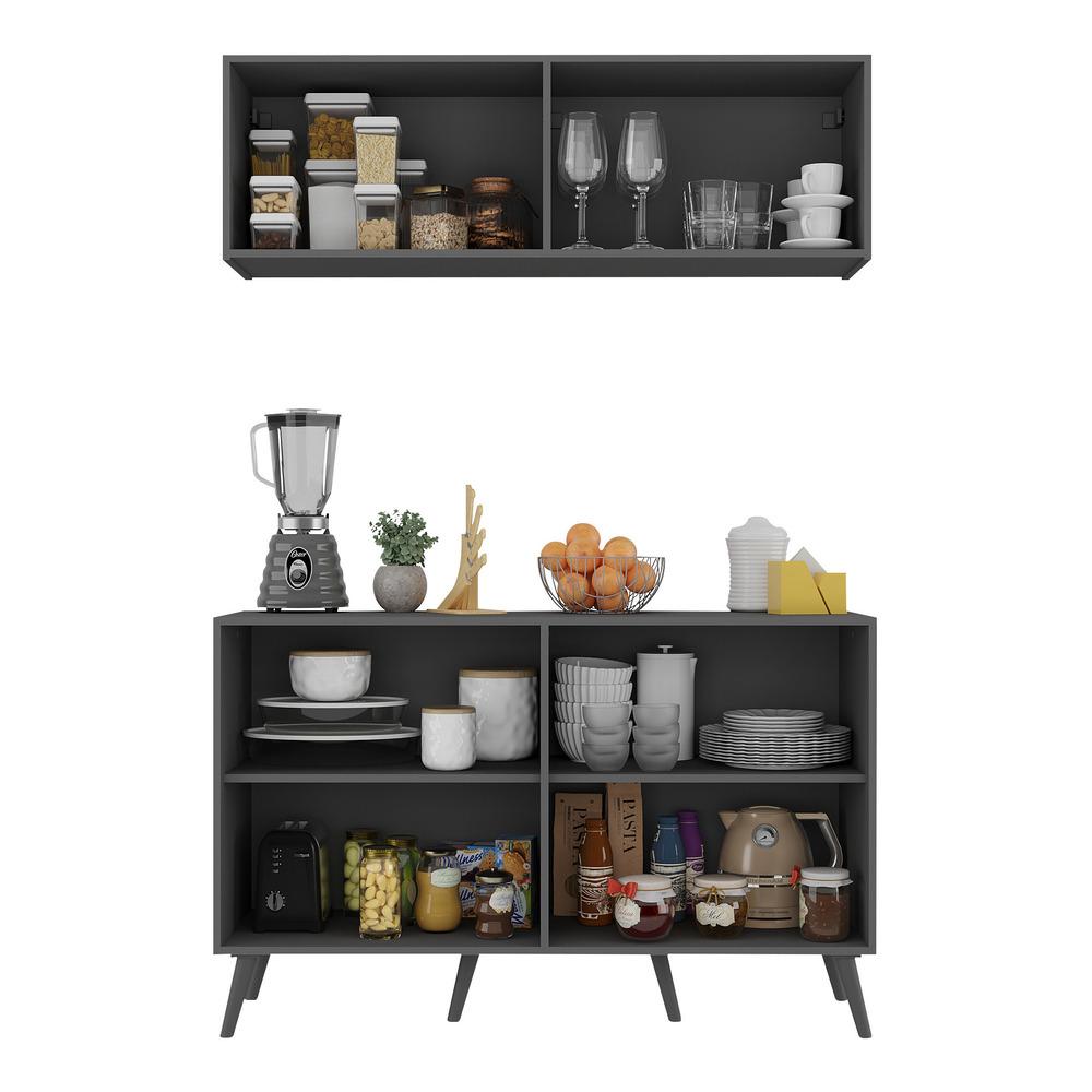 Kit Armário de Cozinha Aéreo e Balcão 4 Portas Retrô Multimóveis MP2170 Grafite/Preto