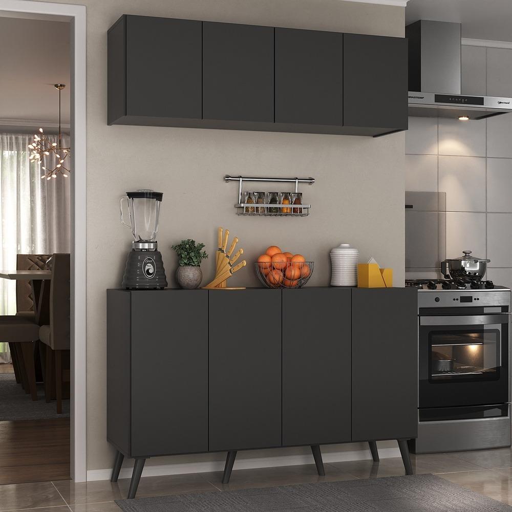 Kit Armário de Cozinha Aéreo e Balcão 4 Portas Retrô Multimóveis MP2170 Preto