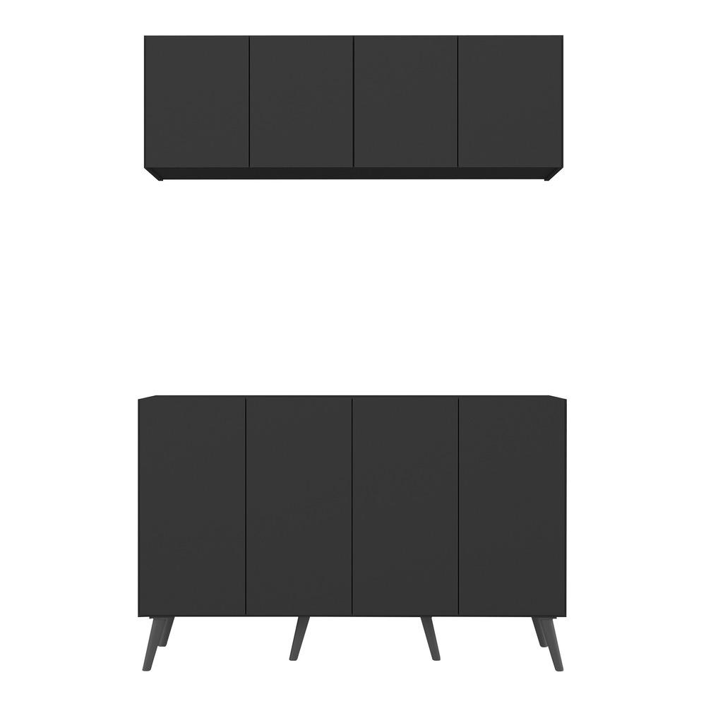 Kit Armário de Cozinha Aéreo e Balcão 4 Portas Retrô Multimóveis MP2170 Preto