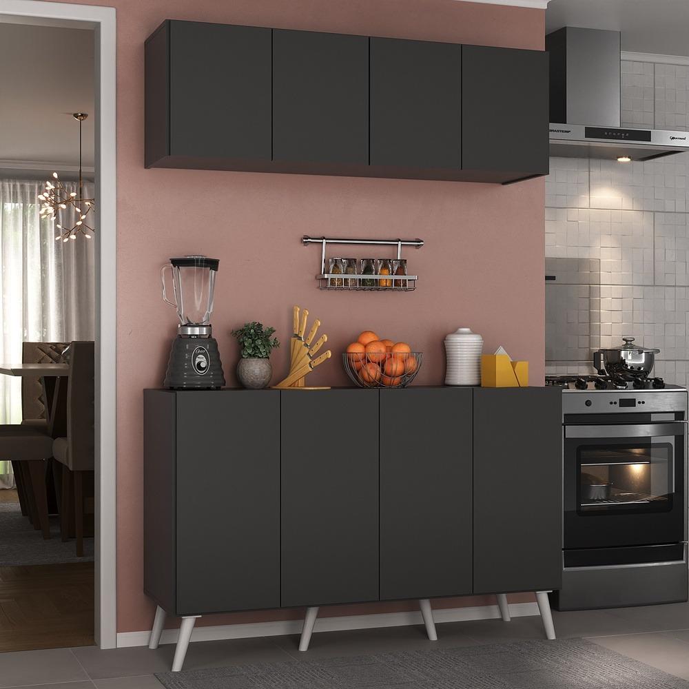 Kit Armário de Cozinha Aéreo e Balcão 4 Portas Retrô Multimóveis MP2170 Preto/Branco