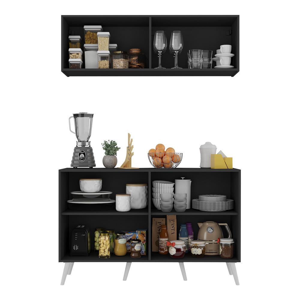 Kit Armário de Cozinha Aéreo e Balcão 4 Portas Retrô Multimóveis MP2170 Preto/Branco