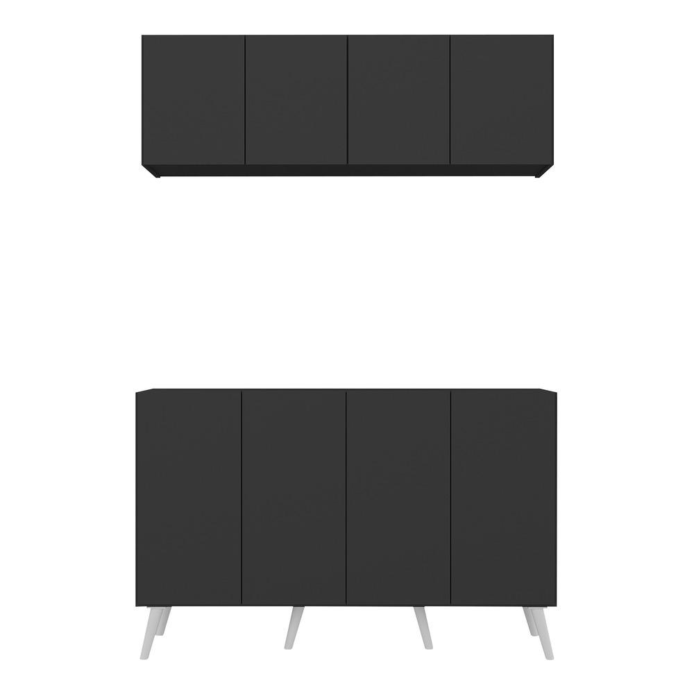 Kit Armário de Cozinha Aéreo e Balcão 4 Portas Retrô Multimóveis MP2170 Preto/Branco