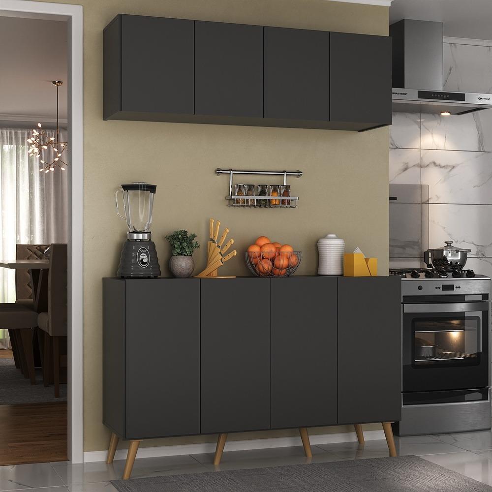 Kit Armário de Cozinha Aéreo e Balcão 4 Portas Retrô Multimóveis MP2170 Preto/Natural