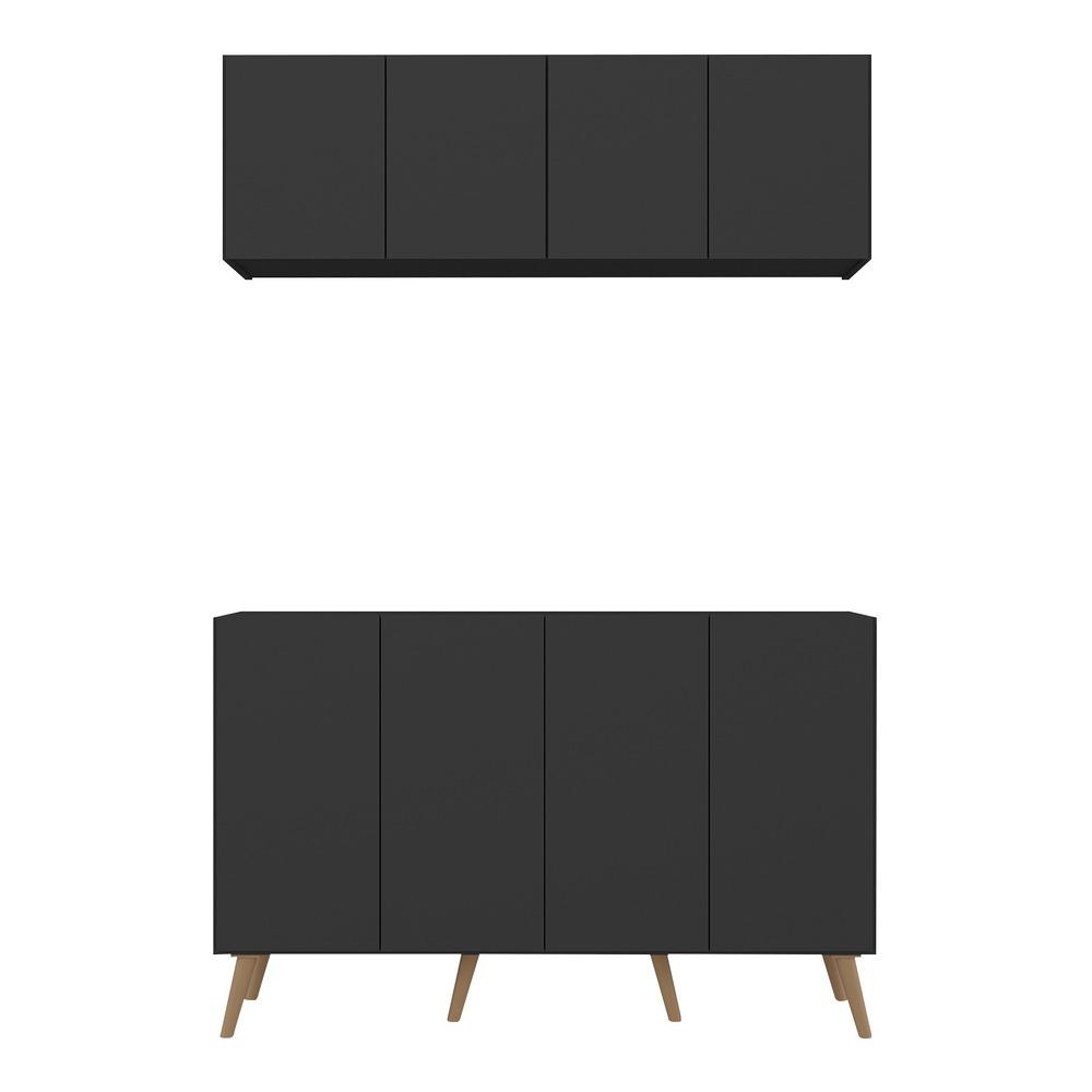 Kit Armário de Cozinha Aéreo e Balcão 4 Portas Retrô Multimóveis MP2170 Preto/Natural