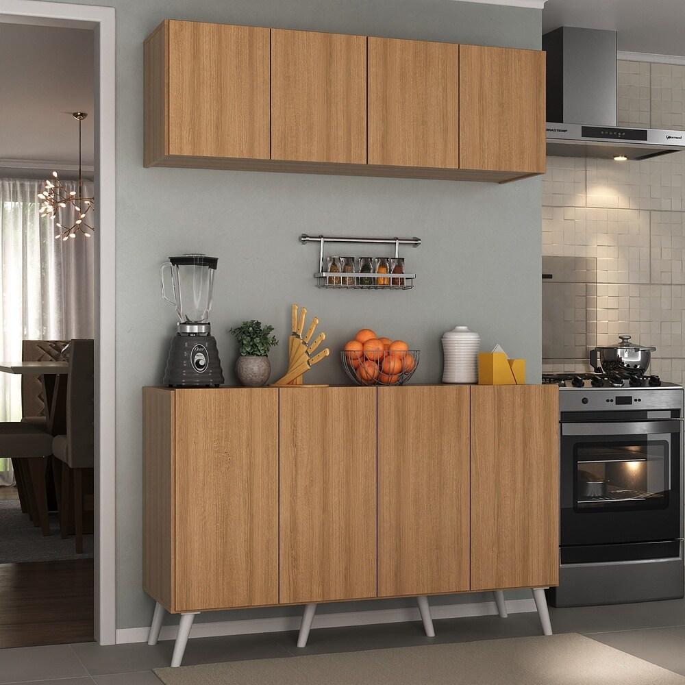 Kit Armário de Cozinha Aéreo e Balcão 4 Portas Retrô Multimóveis MP2170 Rustic/Branco