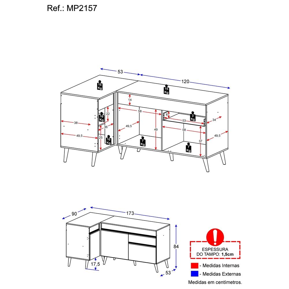 Kit Armário de Cozinha Balcão Canto 90cm e Gabinete Pia 120cm Veneza Multimóveis MP2157 Branco/Dourado