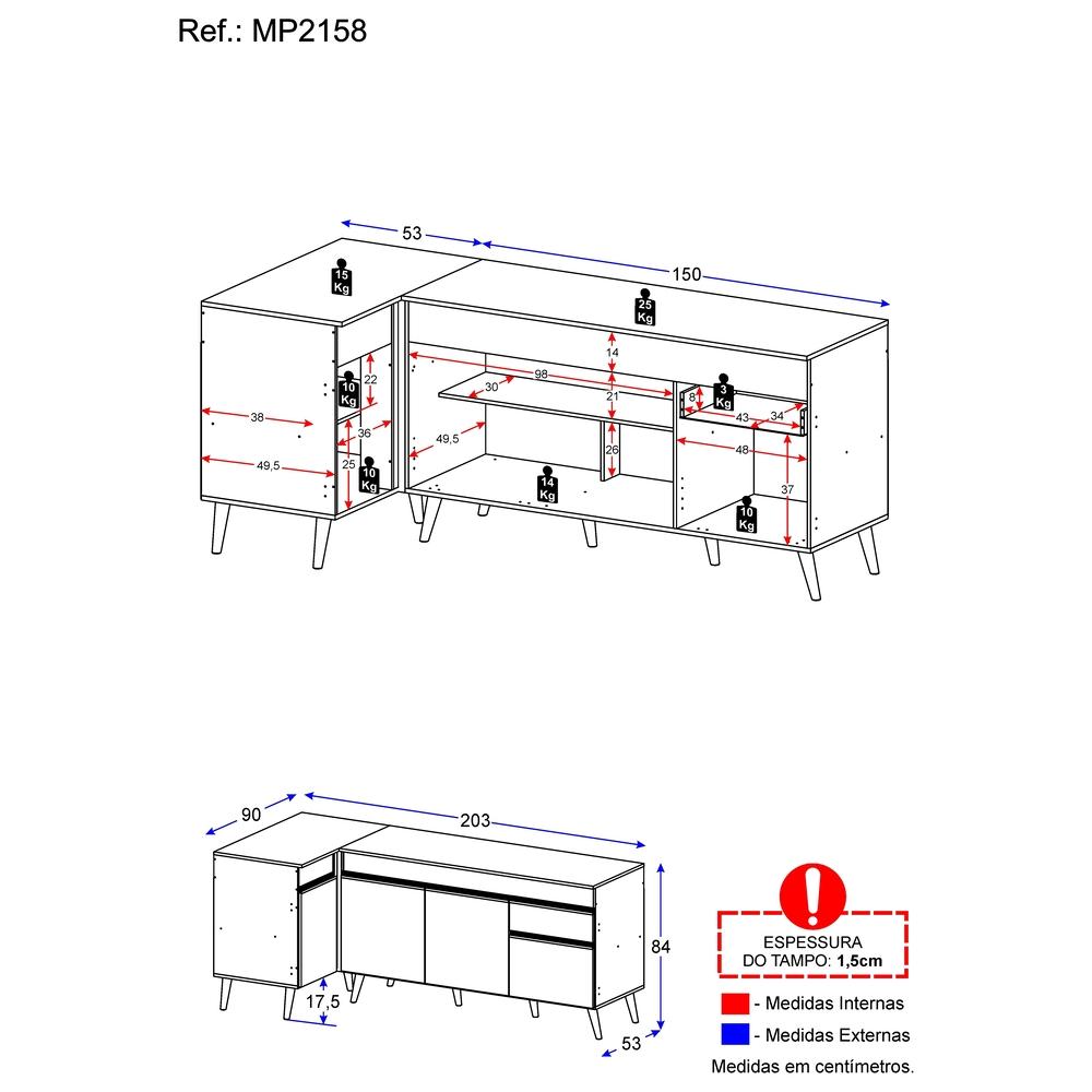 Kit Armário de Cozinha Balcão Canto 90cm e Gabinete Pia 150cm Veneza Multimóveis MP2158 Branco/Dourado