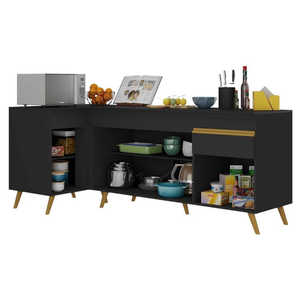 Kit Armário de Cozinha Balcão Canto 90cm e Gabinete Pia 150cm Veneza Multimóveis MP2158 Preto/Dourado