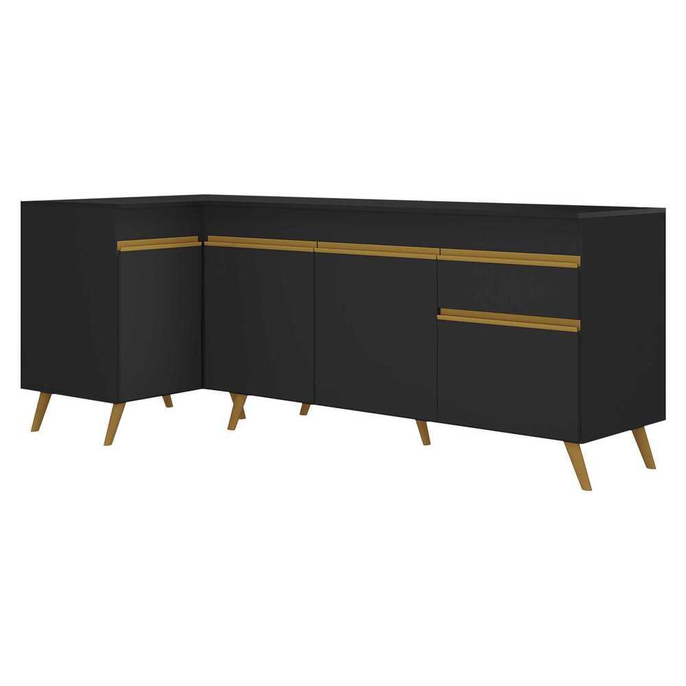 Kit Armário de Cozinha Balcão Canto 90cm e Gabinete Pia 150cm Veneza Multimóveis MP2158 Preto/Dourado