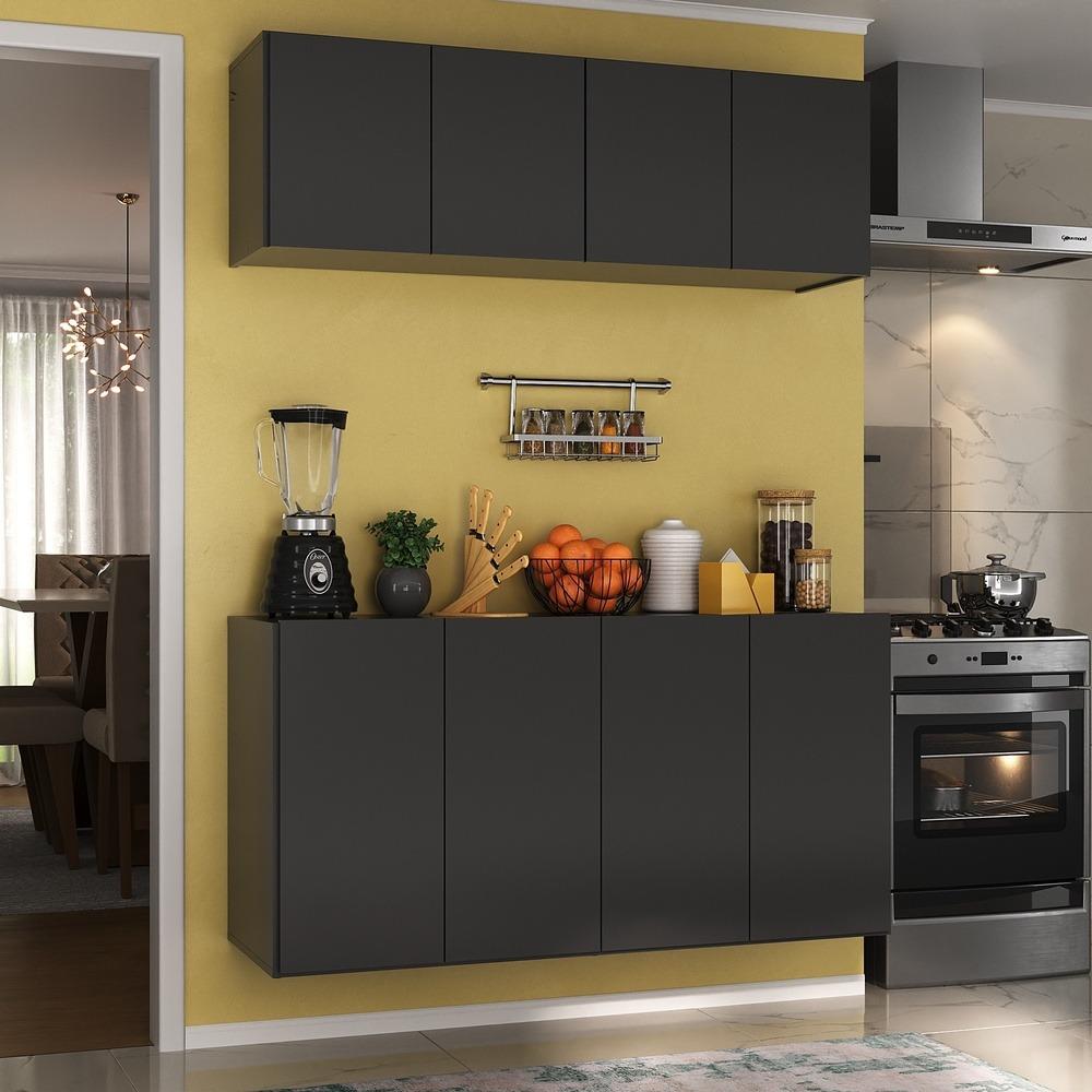 Kit Armário de Cozinha e Aparador 4 Portas Multimóveis MP2162 Preto