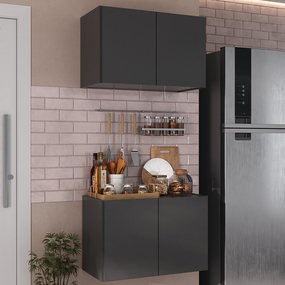 Kit Armário de Cozinha e Balcão 2 Portas Multimóveis MP2163 Preto