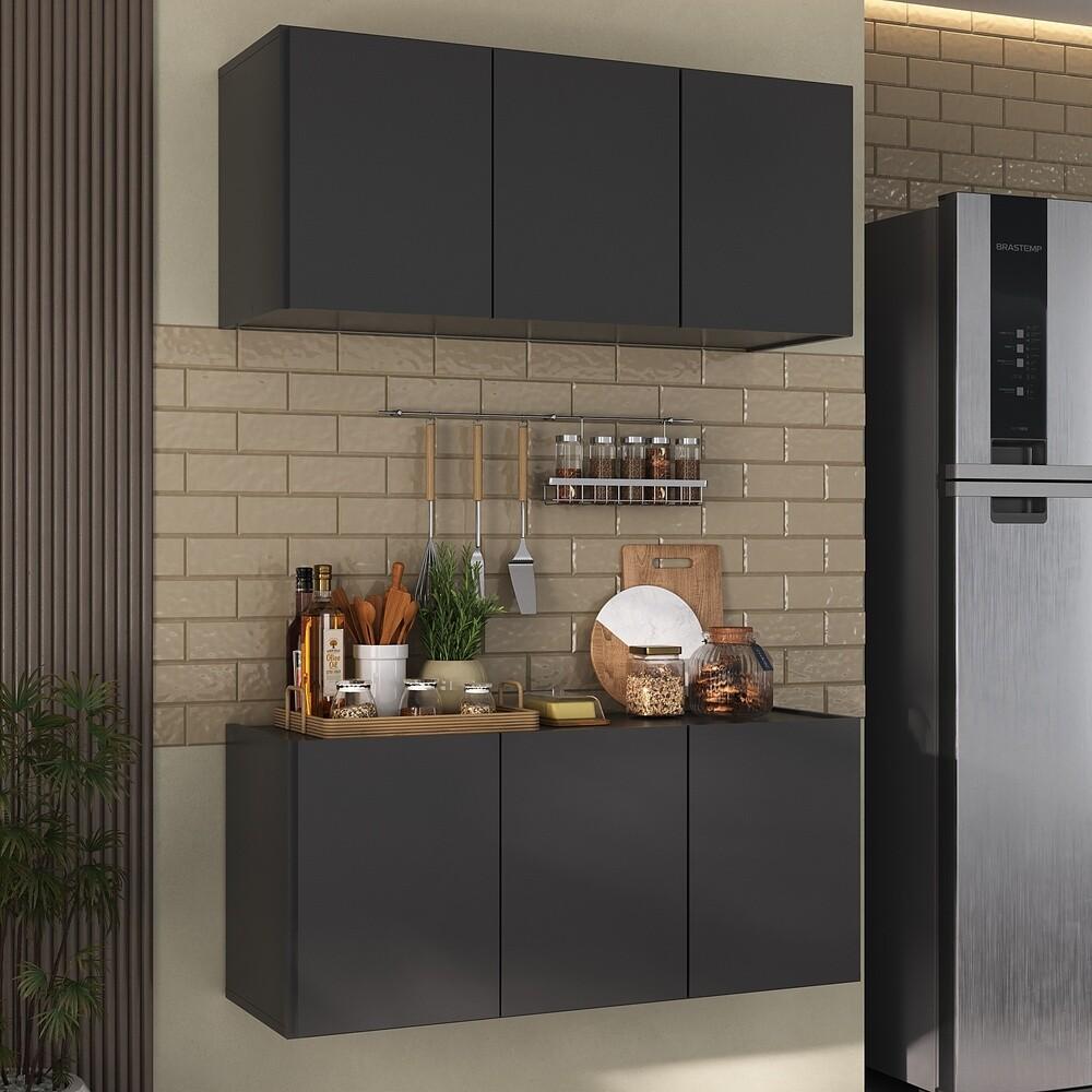 Kit Armário de Cozinha e Balcão 3 Portas Multimóveis MP2164 Preto
