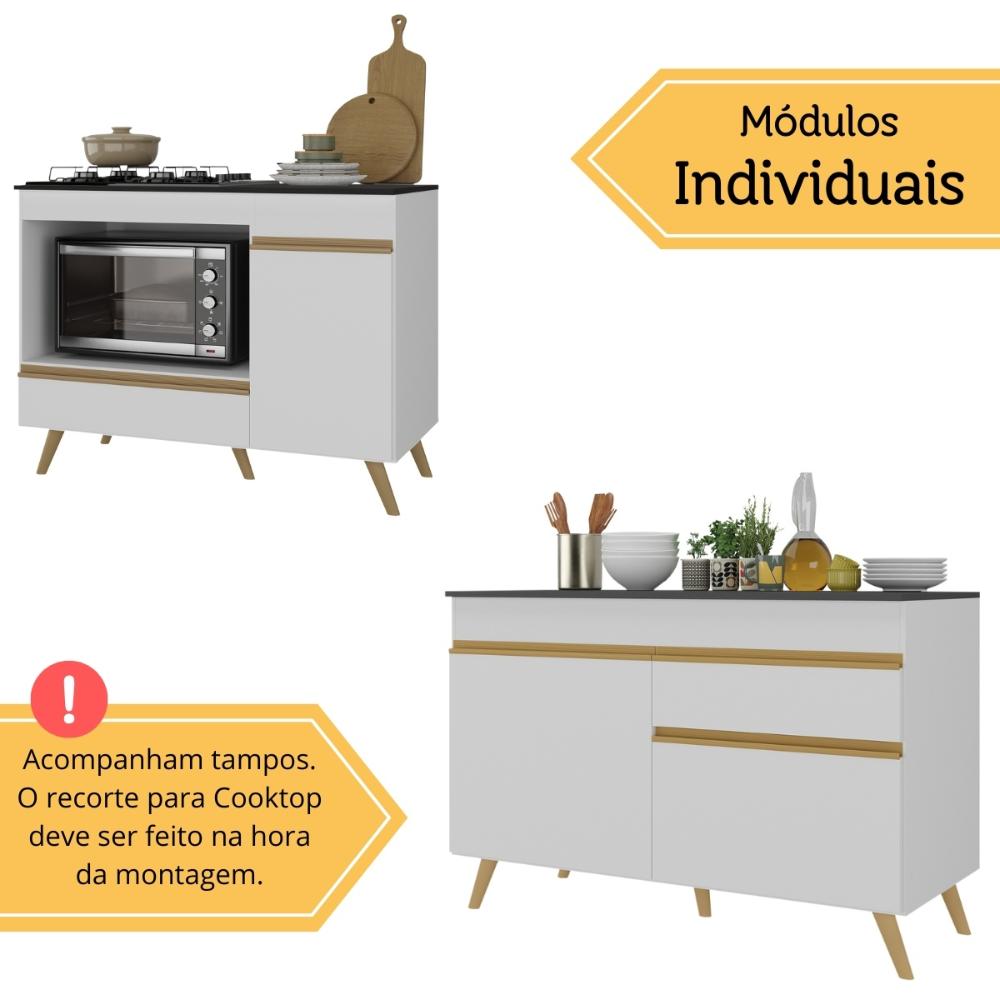 Kit Balcão Cozinha para Cooktop/Forno 105cm e Balcão 120cm Veneza Multimóveis MP2289 Branco/Dourado