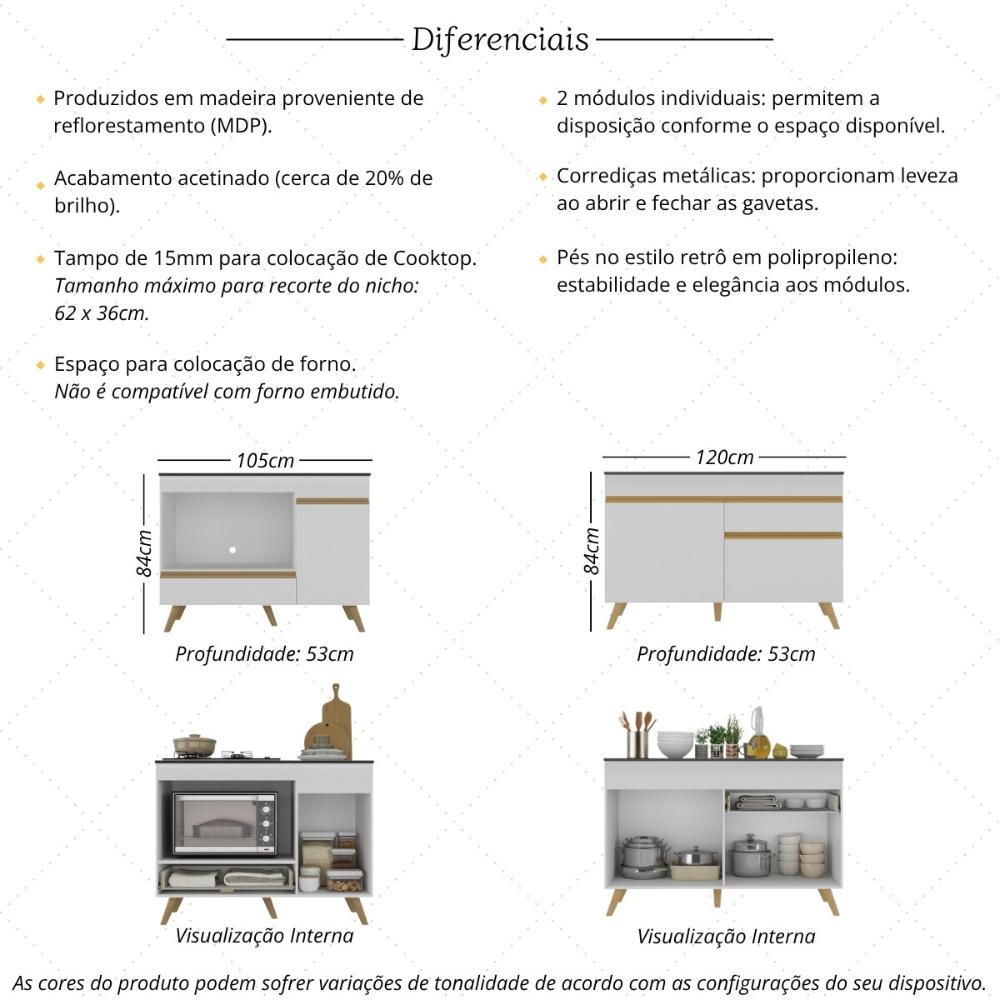 Kit Balcão Cozinha para Cooktop/Forno 105cm e Balcão 120cm Veneza Multimóveis MP2289 Branco/Dourado