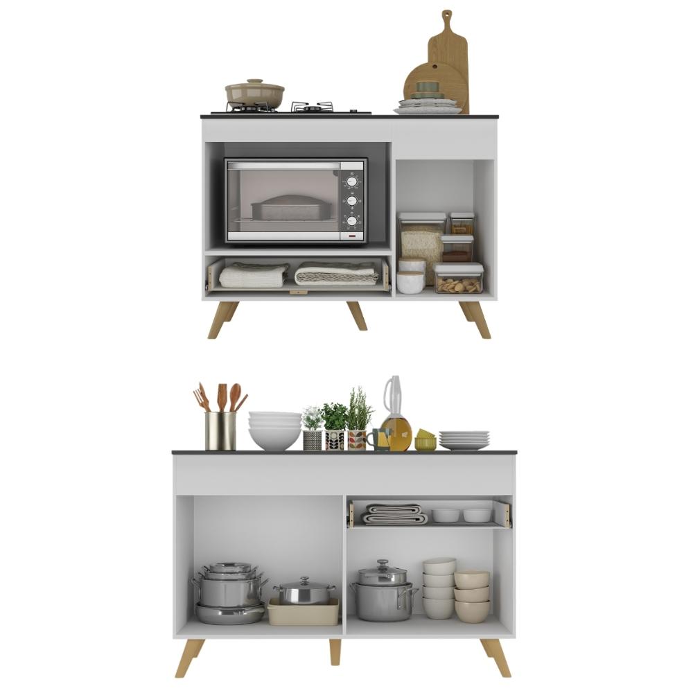 Kit Balcão Cozinha para Cooktop/Forno 105cm e Balcão 120cm Veneza Multimóveis MP2289 Branco/Dourado