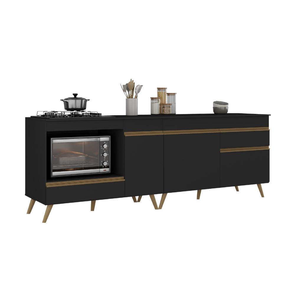 Kit Balcão Cozinha para Cooktop/Forno 105cm e Balcão 120cm Veneza Multimóveis MP2289 Preto/Dourado