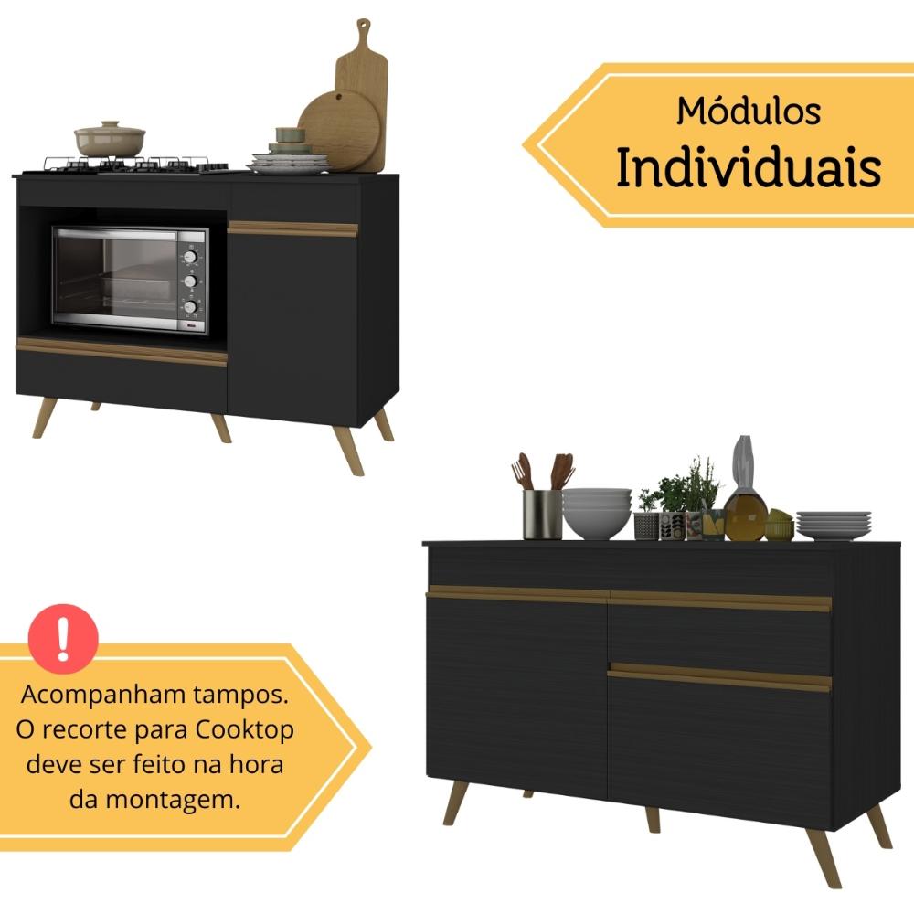 Kit Balcão Cozinha para Cooktop/Forno 105cm e Balcão 120cm Veneza Multimóveis MP2289 Preto/Dourado