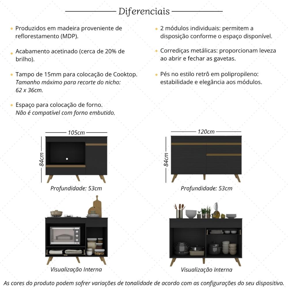 Kit Balcão Cozinha para Cooktop/Forno 105cm e Balcão 120cm Veneza Multimóveis MP2289 Preto/Dourado
