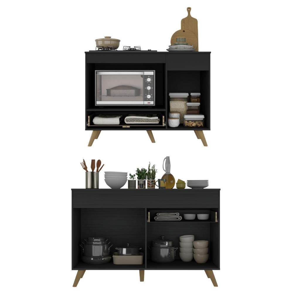 Kit Balcão Cozinha para Cooktop/Forno 105cm e Balcão 120cm Veneza Multimóveis MP2289 Preto/Dourado