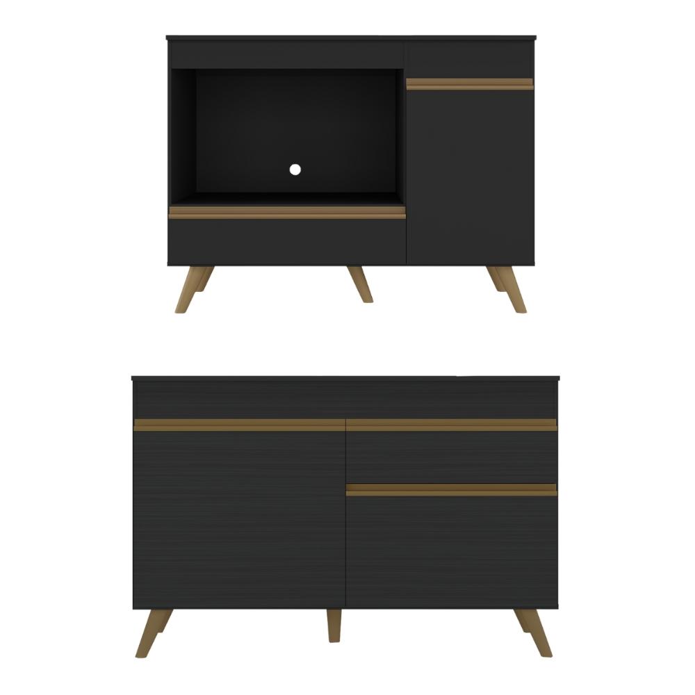 Kit Balcão Cozinha para Cooktop/Forno 105cm e Balcão 120cm Veneza Multimóveis MP2289 Preto/Dourado