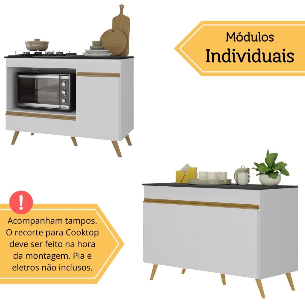 Kit Balcão Cozinha para Cooktop/Forno 105cm e Gabinete Pia 120cm Veneza Multimóveis MP2290 Branco/Dourado