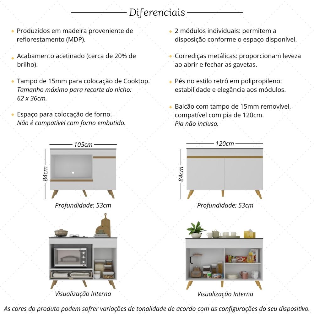 Kit Balcão Cozinha para Cooktop/Forno 105cm e Gabinete Pia 120cm Veneza Multimóveis MP2290 Branco/Dourado