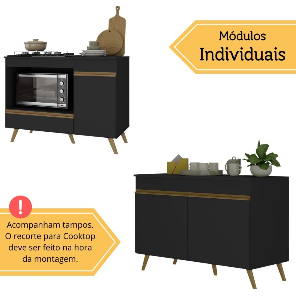 Kit Balcão Cozinha para Cooktop/Forno 105cm e Gabinete Pia 120cm Veneza Multimóveis MP2290 Preto/Dourado