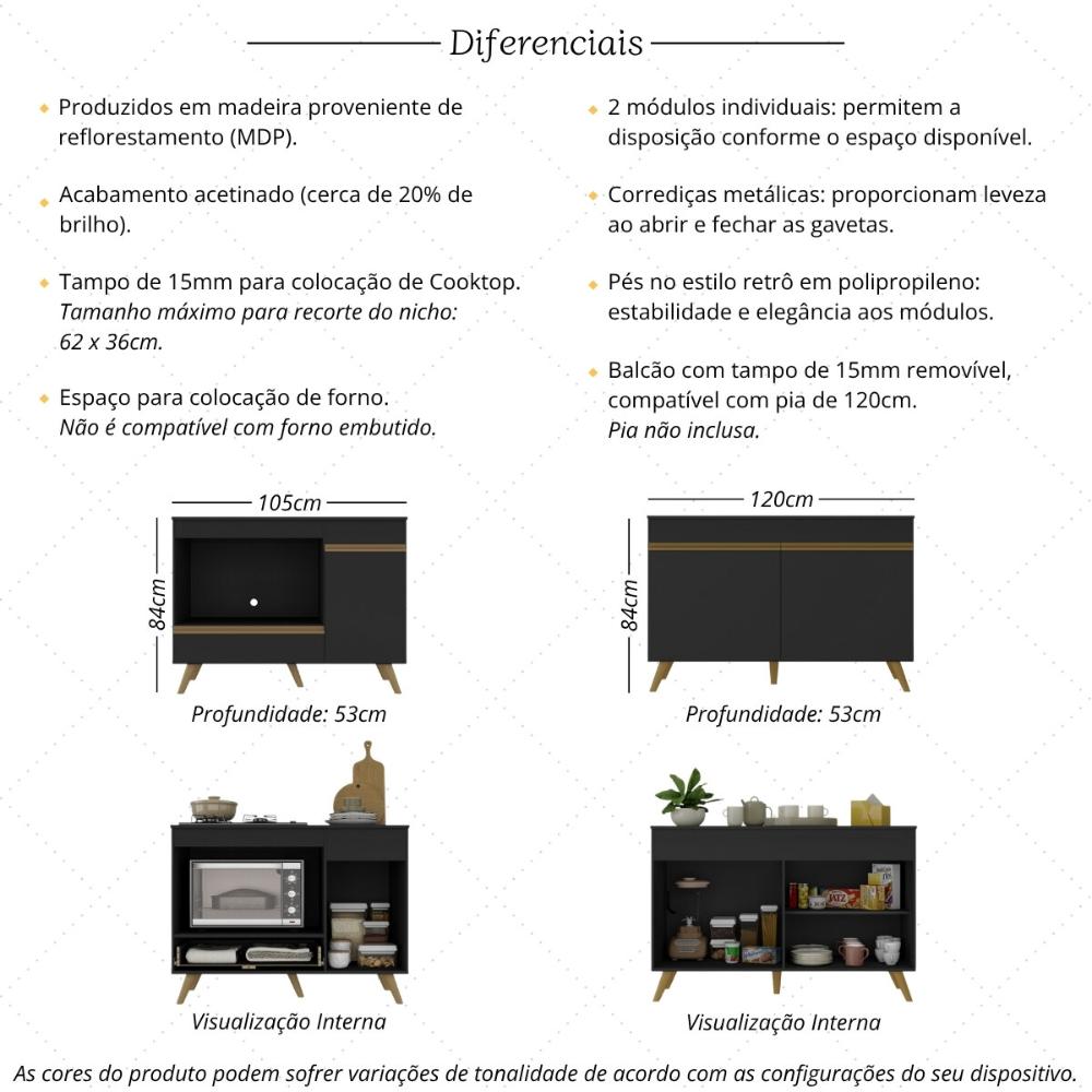 Kit Balcão Cozinha para Cooktop/Forno 105cm e Gabinete Pia 120cm Veneza Multimóveis MP2290 Preto/Dourado