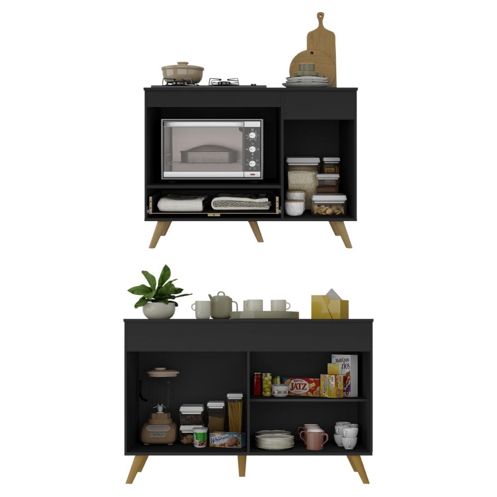 Kit Balcão Cozinha para Cooktop/Forno 105cm e Gabinete Pia 120cm Veneza Multimóveis MP2290 Preto/Dourado
