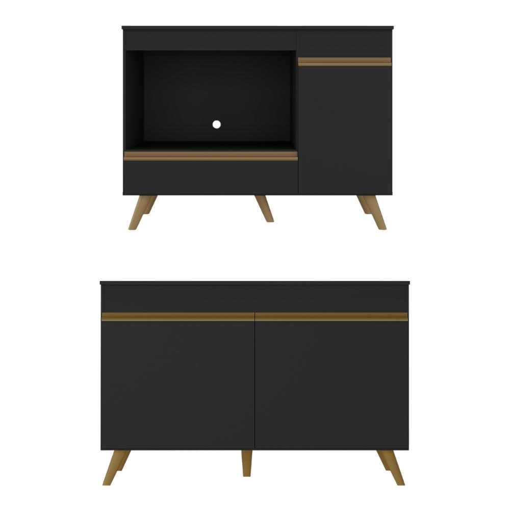 Kit Balcão Cozinha para Cooktop/Forno 105cm e Gabinete Pia 120cm Veneza Multimóveis MP2290 Preto/Dourado