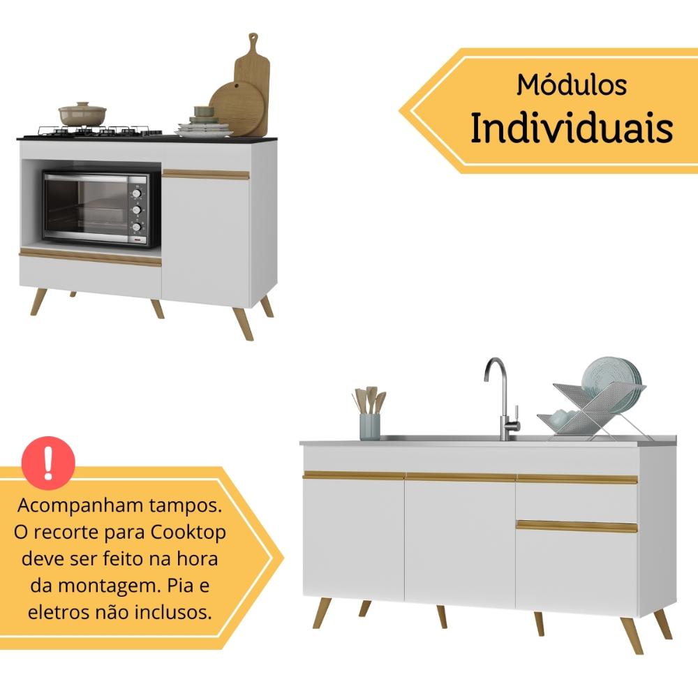Kit Balcão Cozinha para Cooktop/Forno 105cm e Gabinete Pia 150cm Retrô Veneza Multimóveis MP2288 Branco/Dourado