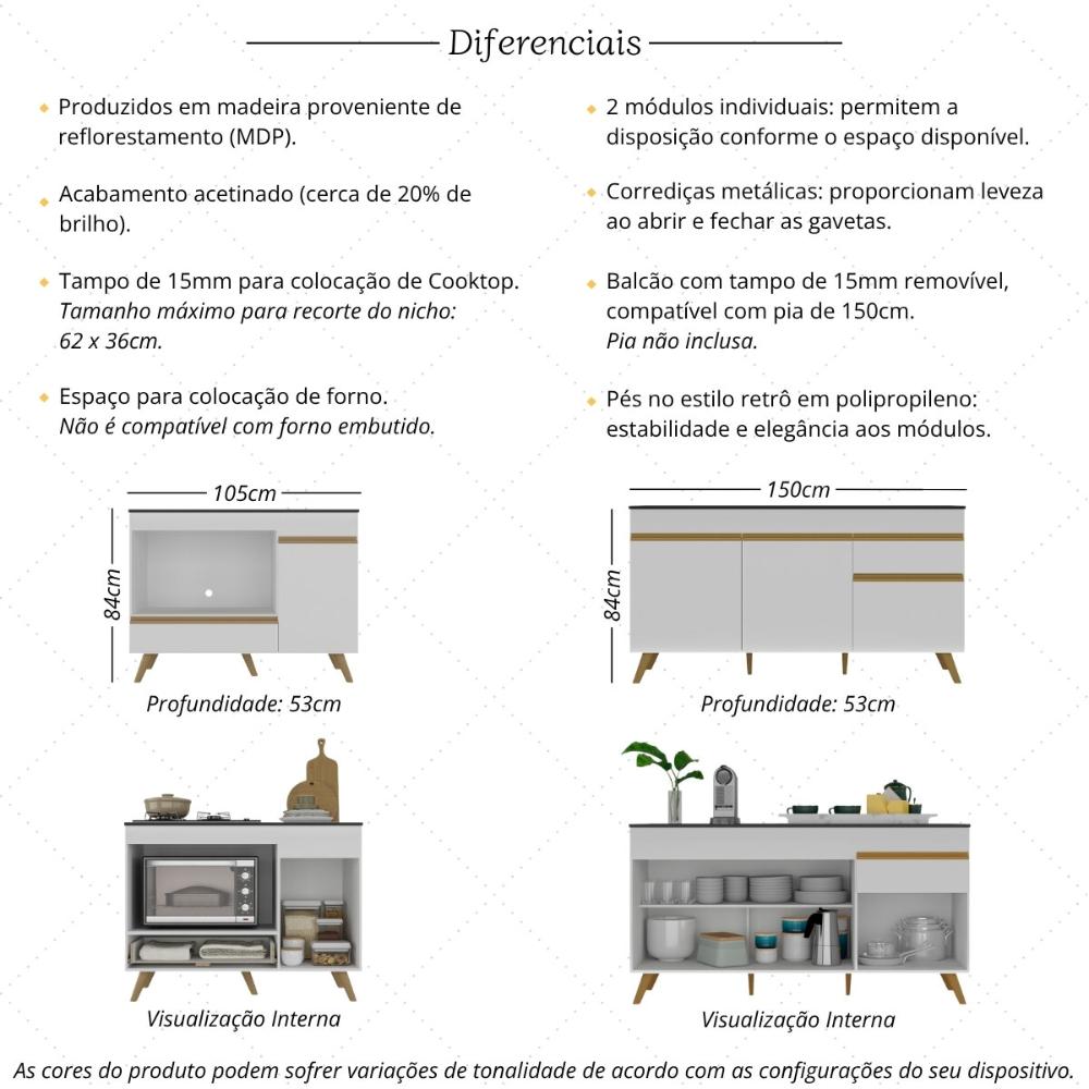 Kit Balcão Cozinha para Cooktop/Forno 105cm e Gabinete Pia 150cm Retrô Veneza Multimóveis MP2288 Branco/Dourado