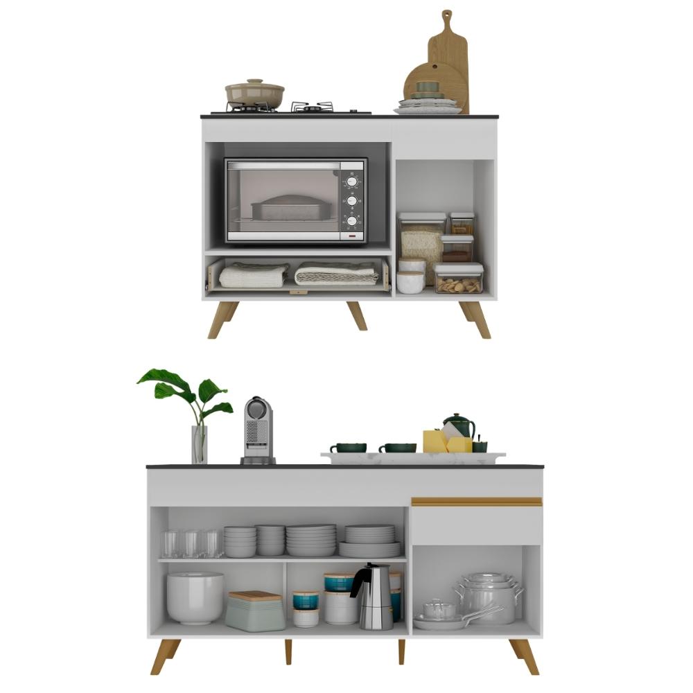 Kit Balcão Cozinha para Cooktop/Forno 105cm e Gabinete Pia 150cm Retrô Veneza Multimóveis MP2288 Branco/Dourado