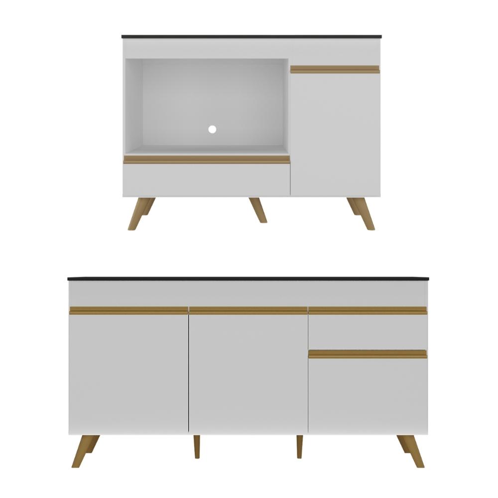 Kit Balcão Cozinha para Cooktop/Forno 105cm e Gabinete Pia 150cm Retrô Veneza Multimóveis MP2288 Branco/Dourado