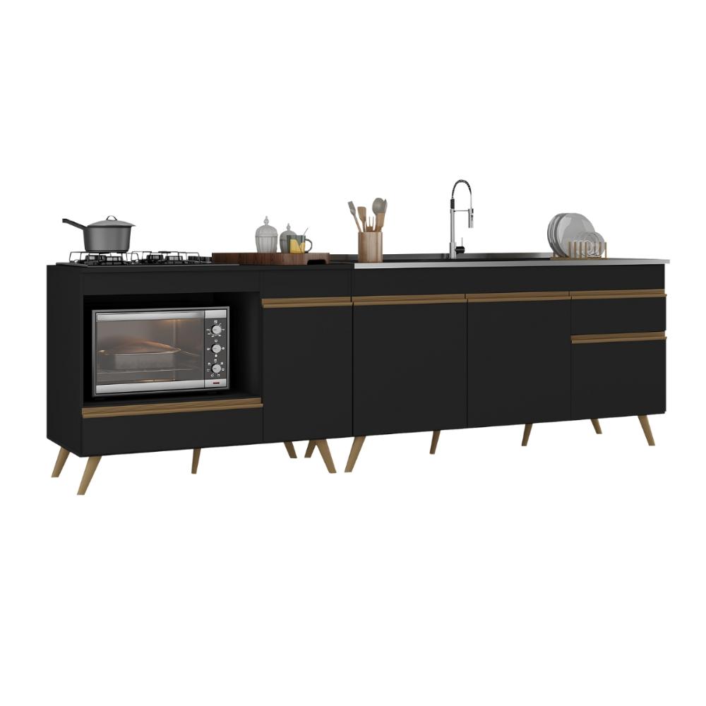Kit Balcão Cozinha para Cooktop/Forno 105cm e Gabinete Pia 150cm Retrô Veneza Multimóveis MP2288 Preto/Dourado