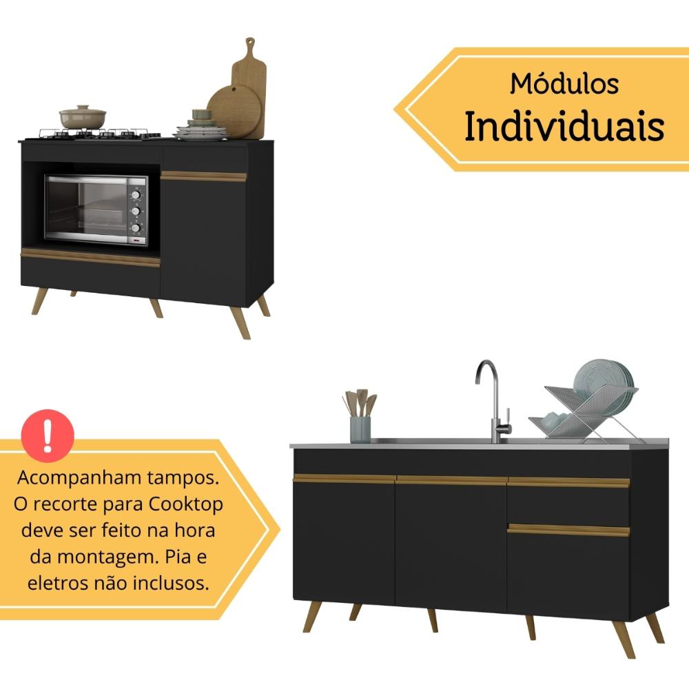 Kit Balcão Cozinha para Cooktop/Forno 105cm e Gabinete Pia 150cm Retrô Veneza Multimóveis MP2288 Preto/Dourado